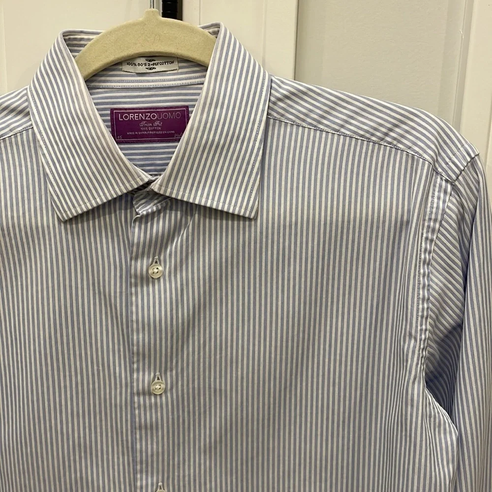 Lorenzo Uomo Blue and White Striped Dress Shirt Size 15 (34/35) - Picture 2 of 8